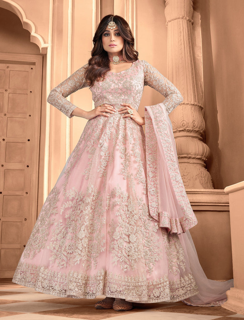 pink georgette embroidered semi stiched party wear anarkali salwar suit -  RJ Fashion