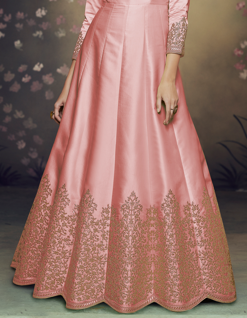 Pink Designer Embroidered Satin Silk Anarkali Gown-Saira's Boutique