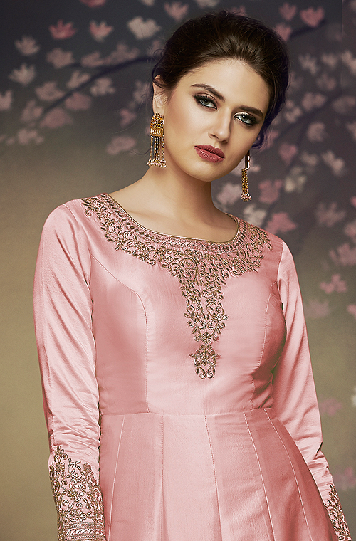 Pink Designer Embroidered Satin Silk Anarkali Gown-Saira's Boutique