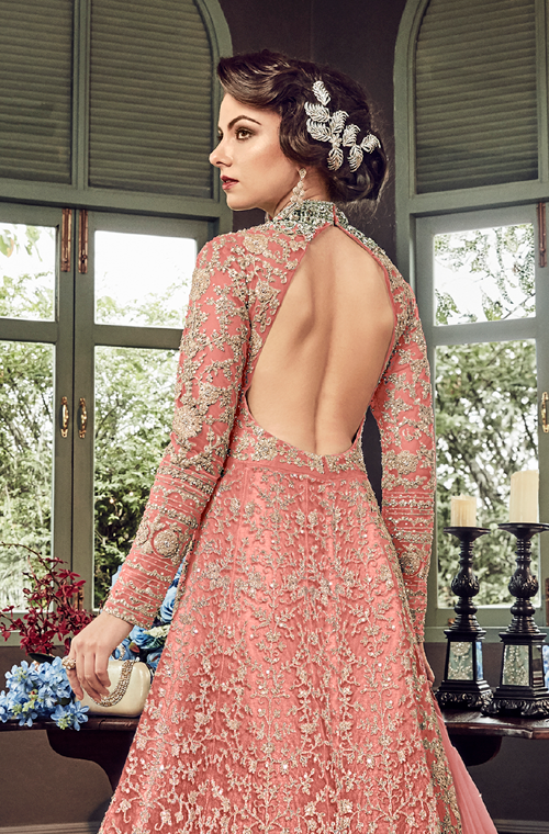 Pink Designer Heavy Embroidered Net Bridal Anarkali Gown-Saira's Boutique