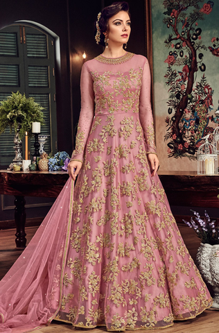 Dark Peach Designer Embroidered Net Wedding Anarkali Suit