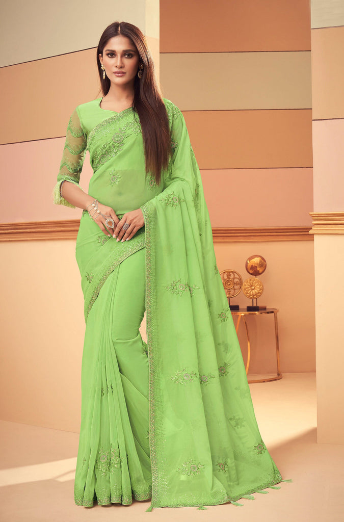 Pista Green Designer Embroidered Silk Party Wear Saree-Saira's Boutique
