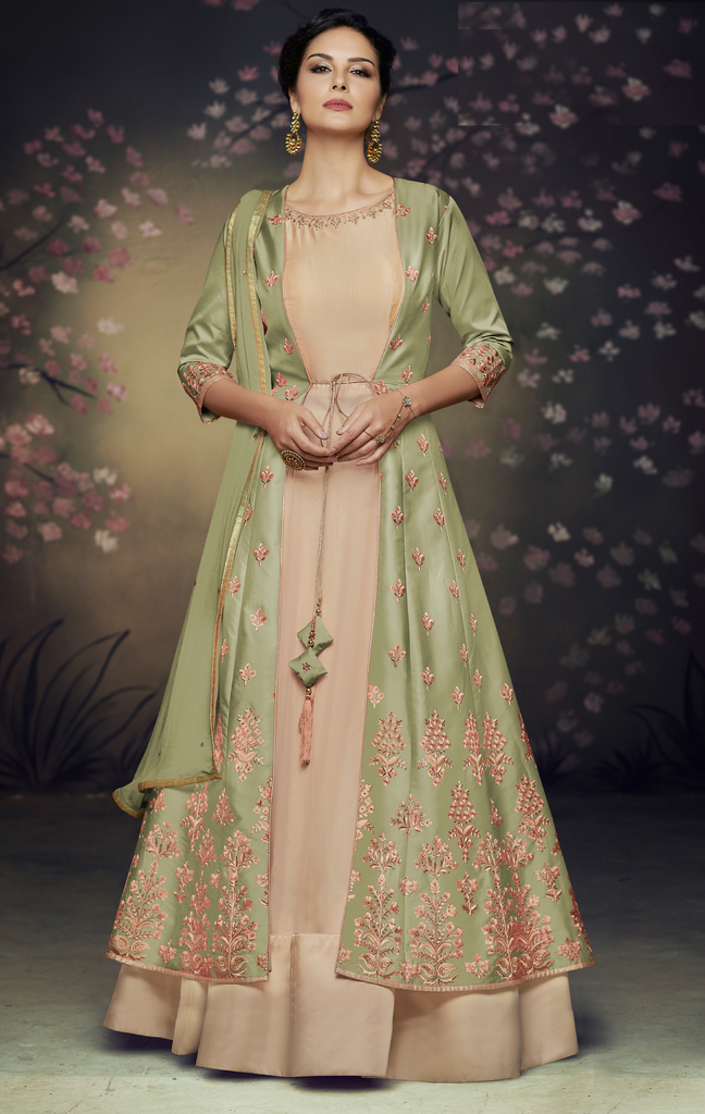 Pista Green & Beige Designer Embroidered Jacket Style Anarkali Gown-Saira's Boutique