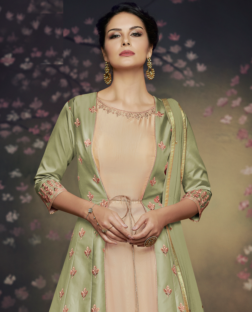 Jacket Style Green Cotton Thread Embroidered Traditional Gown – tapee.in