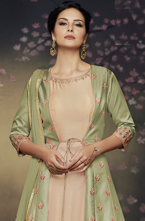 Pista Green & Beige Designer Embroidered Jacket Style Anarkali Gown-Saira's Boutique