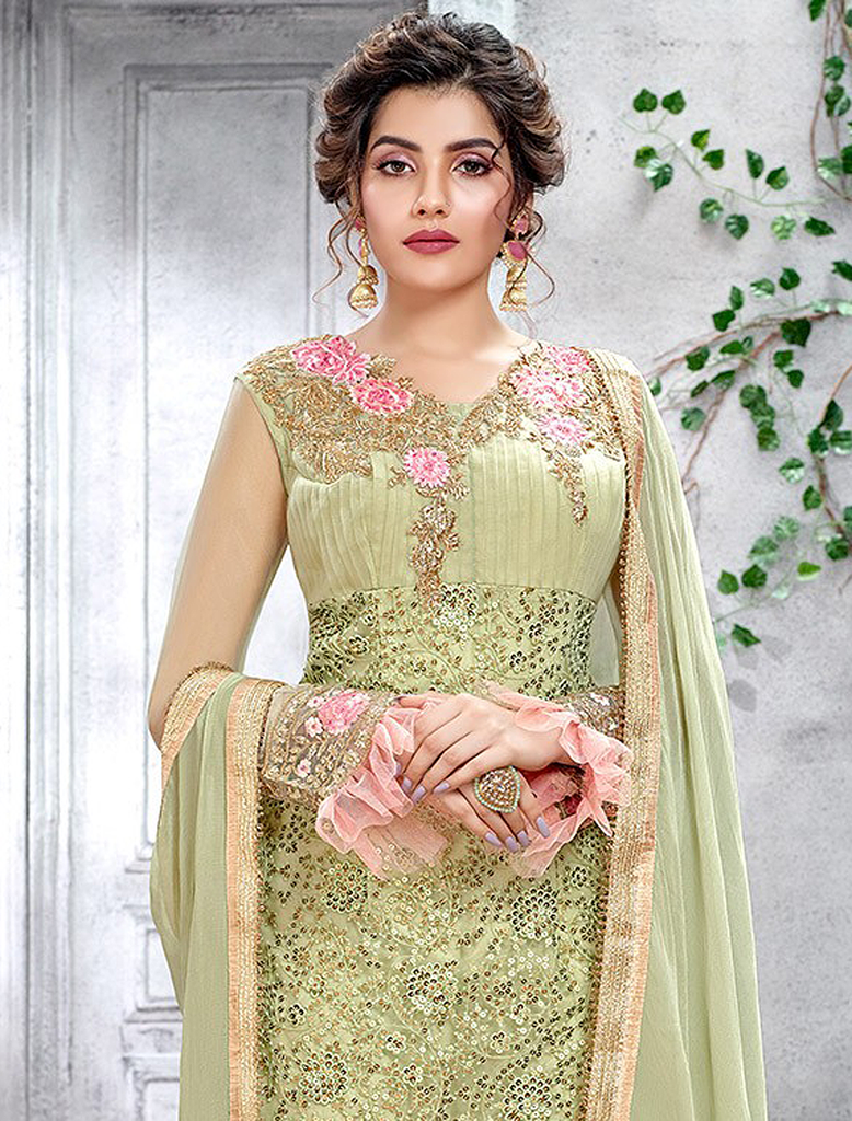 Pista Green Designer Embroidered Net Straight Cut Pant Suit-Saira's Boutique