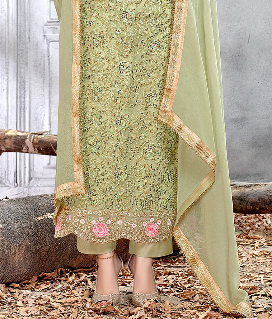 Pista Green Designer Embroidered Net Straight Cut Pant Suit-Saira's Boutique