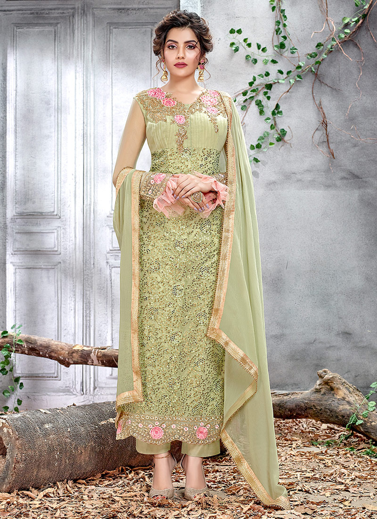 Pista Green Designer Embroidered Net Straight Cut Pant Suit-Saira's Boutique