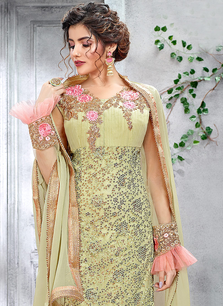 Pista Green Designer Embroidered Net Straight Cut Pant Suit-Saira's Boutique