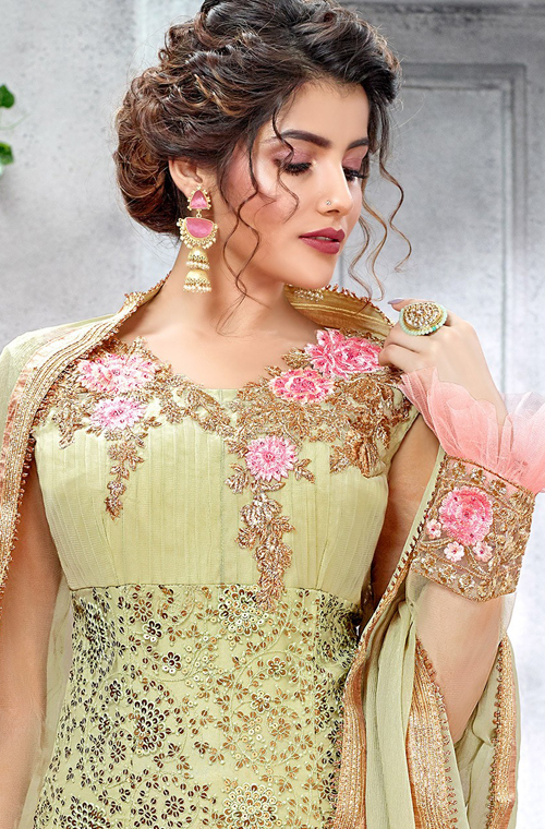 Pista Green Designer Embroidered Net Straight Cut Pant Suit-Saira's Boutique