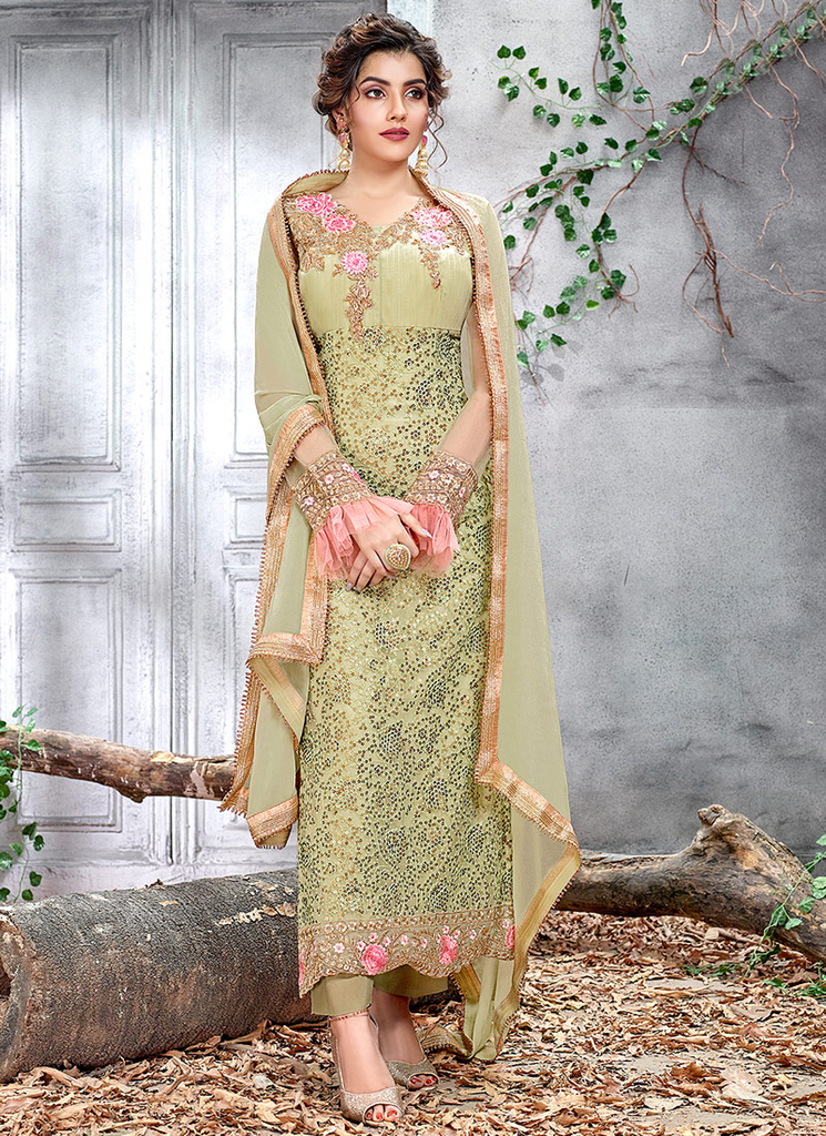 Pista Green Designer Embroidered Net Straight Cut Pant Suit-Saira's Boutique