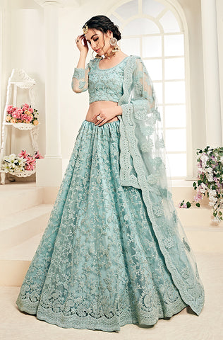 Cambridge Blue Designer Heavy Embroidered Bridal Lehenga