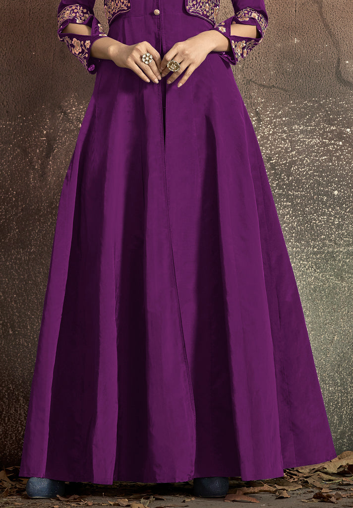 Purple Designer Embroidered Taffeta Silk Party Wear Gown-Saira's Boutique