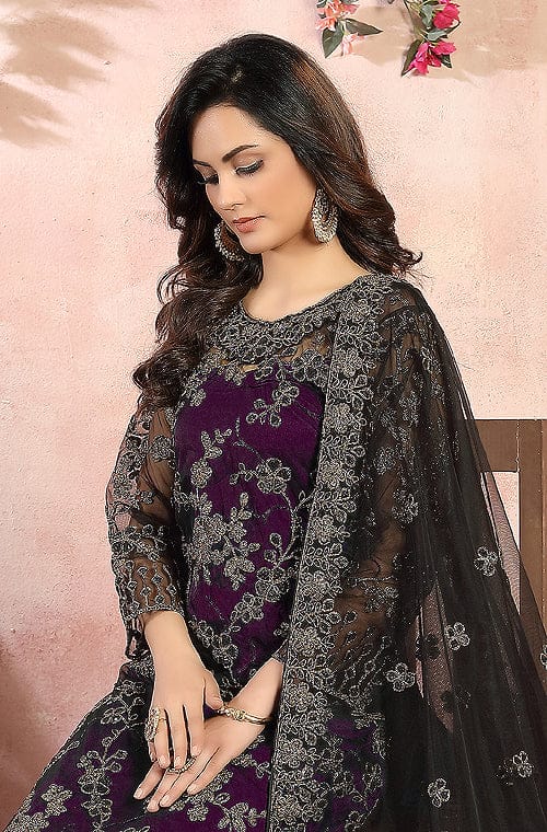 Purple & Black Designer Heavy Embroidered Pant Suit-Saira's Boutique