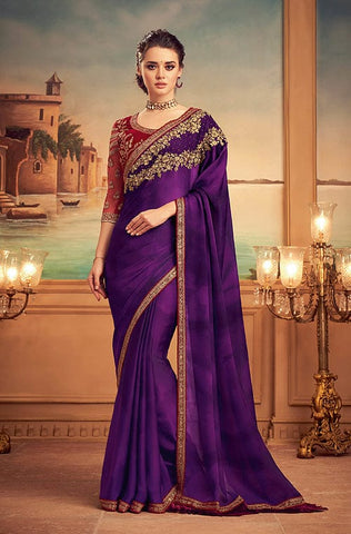 Shaded Blue Designer Embroidered Silk Party Wear Saree