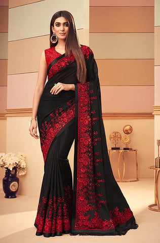 Shimmer Peacock Black Designer Embroidered Silk Wedding Party Wear Saree