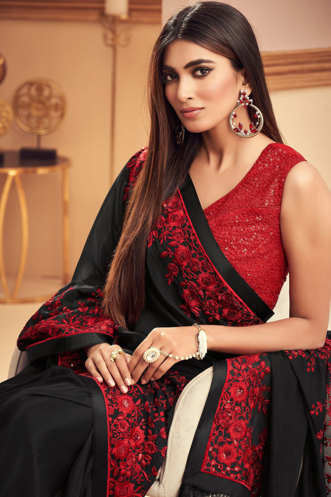 Red & Black Designer Embroidered Silk Wedding Saree-Saira's Boutique