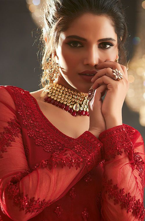 Red Designer Heavy Embroidered Net Wedding Layered Anarkali Gown-Saira's Boutique