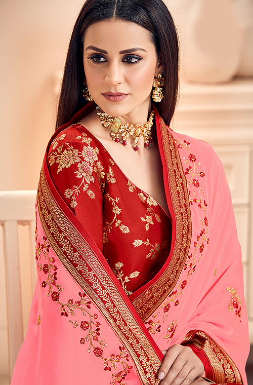Red & Pink Designer Embroidered Silk Jacquard Palazzo Suit-Saira's Boutique