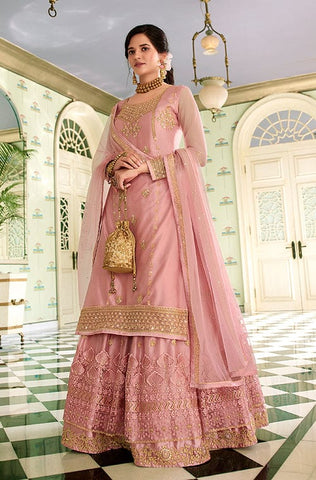 Light Pink Designer Embroidered Kurti Style Lehenga
