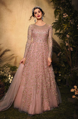 Charm Pink Designer Heavy Embroidered Net Wedding Anarkali Gown