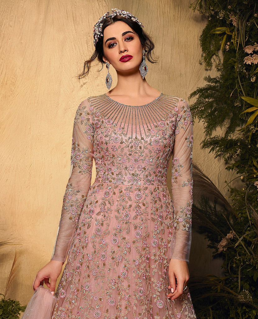 Onion Pink Designer Gown In Net With Sequins
