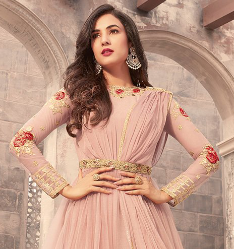 Rose Pink Designer Embroidered Net Anarkali Suit-Saira's Boutique