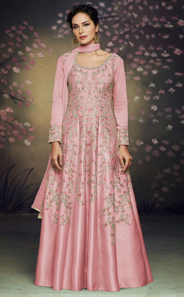 Rose Pink Designer Embroidered Satin Silk Anarkali Gown-Saira's Boutique