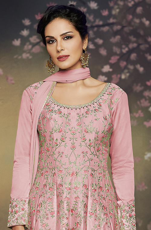 Rose Pink Designer Embroidered Satin Silk Anarkali Gown-Saira's Boutique