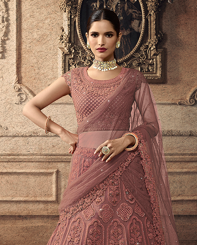 Rose Pink Designer Heavy Embroidered Net Wedding Lehenga-Saira's Boutique