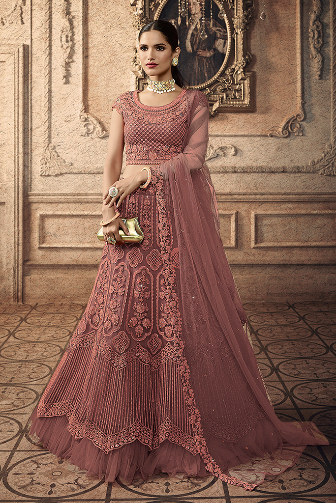 Rose Pink Designer Heavy Embroidered Net Wedding Lehenga-Saira's Boutique