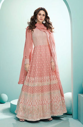 Blush Pink Designer Heavy Embroidered Net Anarkali Suit