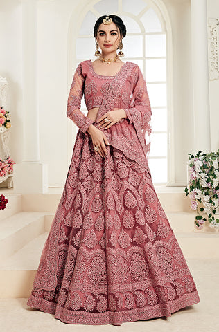 Rose Pink Designer Embroidered Net Kurti Style Lehenga