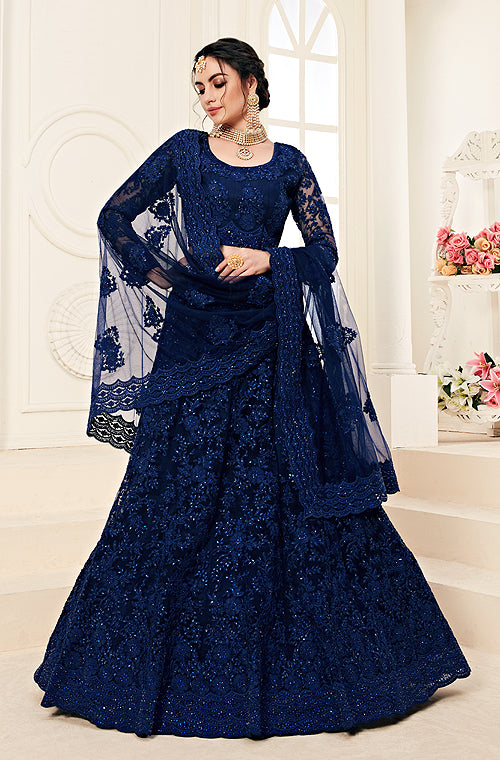 Buy Velvet Blue Embroidered Lehenga Choli Online : 218545 -