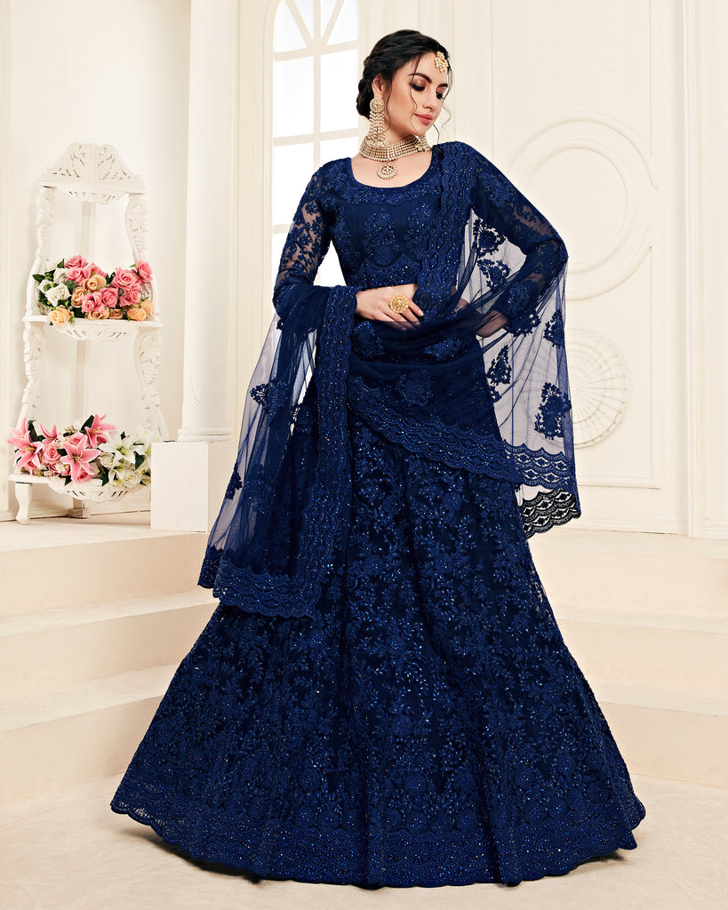 Royal Blue Designer Heavy Embroidered Bridal Lehenga-Saira's Boutique
