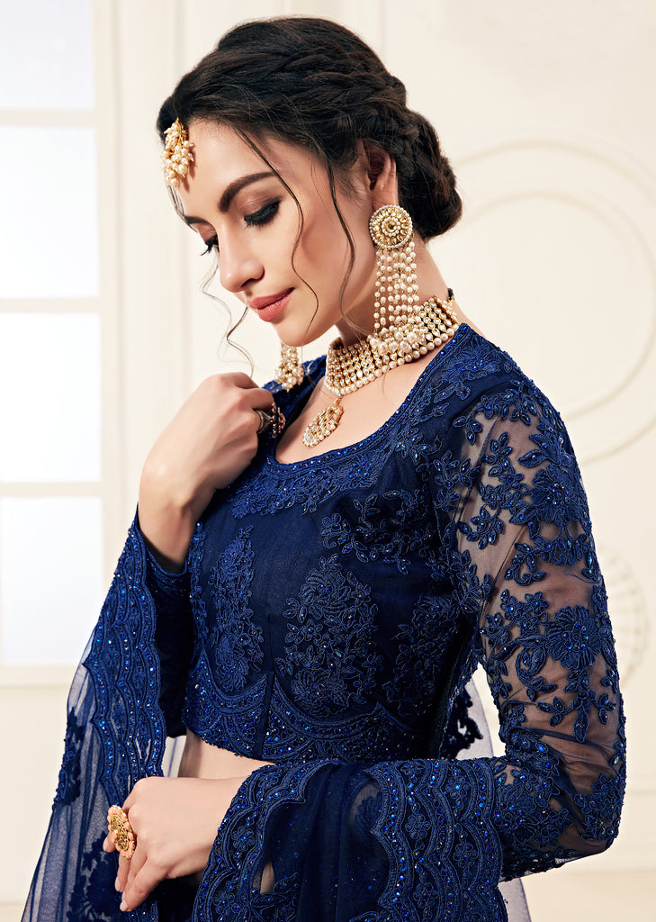 Royal Blue Designer Heavy Embroidered Bridal Lehenga-Saira's Boutique