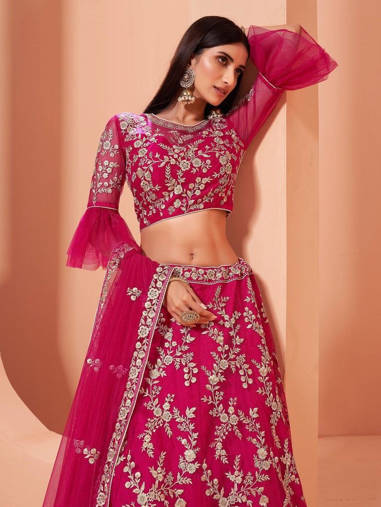 Ruby Pink Designer Heavy Embroidered Silk Bridal Lehenga-Saira's Boutique