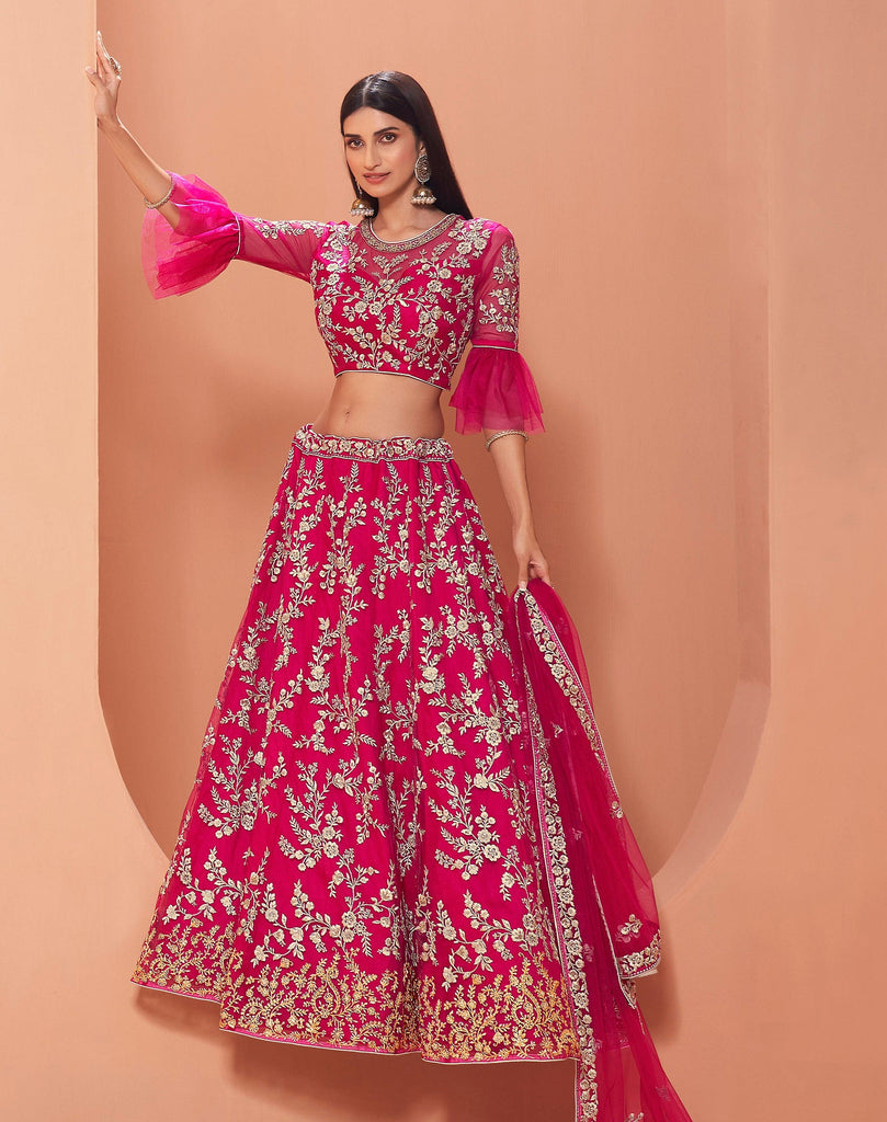 Ruby Pink Designer Heavy Embroidered Silk Bridal Lehenga-Saira's Boutique