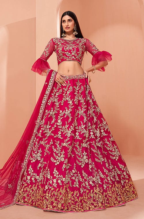 Ruby Pink Designer Heavy Embroidered Silk Bridal Lehenga