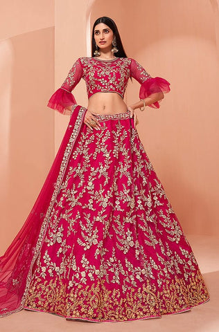 Pink Mauve Designer Heavy Embroidered Net Wedding & Bridal Lehenga