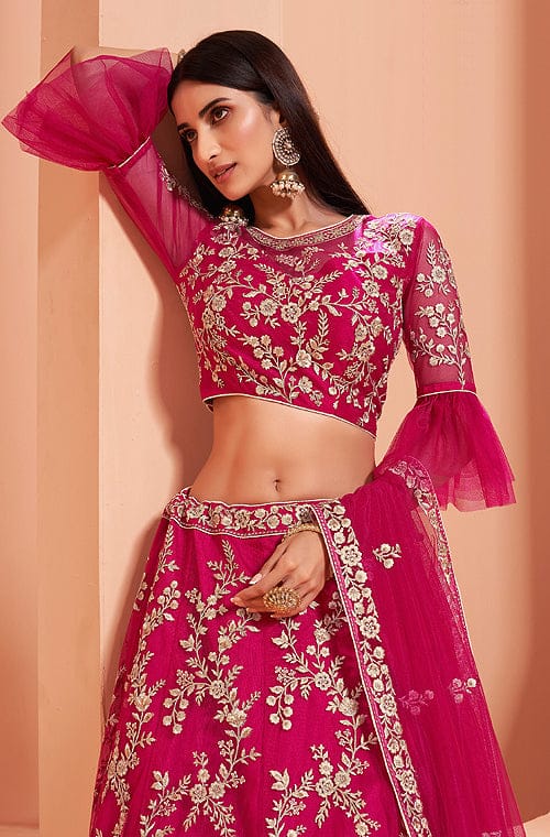 Ruby Pink Designer Heavy Embroidered Silk Bridal Lehenga-Saira's Boutique