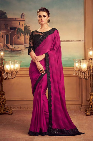 Bright Mauve Rose Designer Embroidered Silk Party Wear Saree