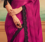 Ruby Pink & Black Designer Embroidered Silk Party Wear Saree-Saira's Boutique