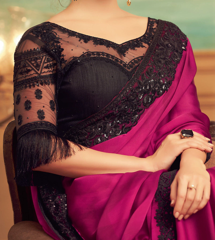 Pink saree & black blouse | Pink saree, Indian outfit, Saree
