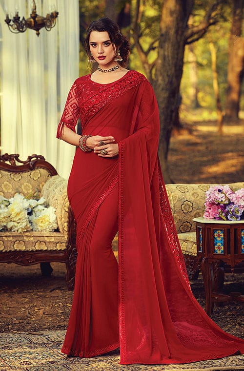 Ruby Red Silk Saree with attractive Kanchipuram Border  Monastoor Indian  ethnical dress collections with more than 1500 fashionable indian  traditional dresses and ethnical jewelleries