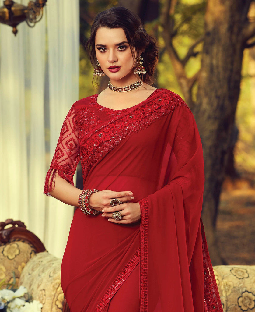 Ruby Red Designer Embroidered Georgette Party Wear Saree-Saira's Boutique