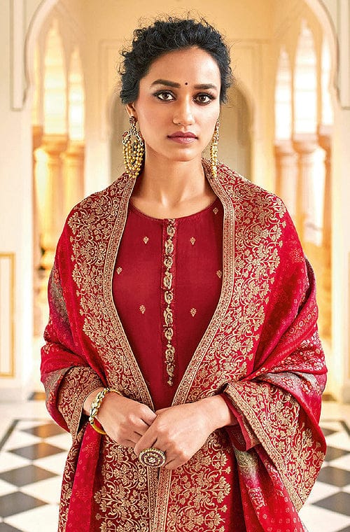 Ruby Red Designer Embroidered Dola Silk Jacquard Party Wear Pant Suit-Saira's Boutique