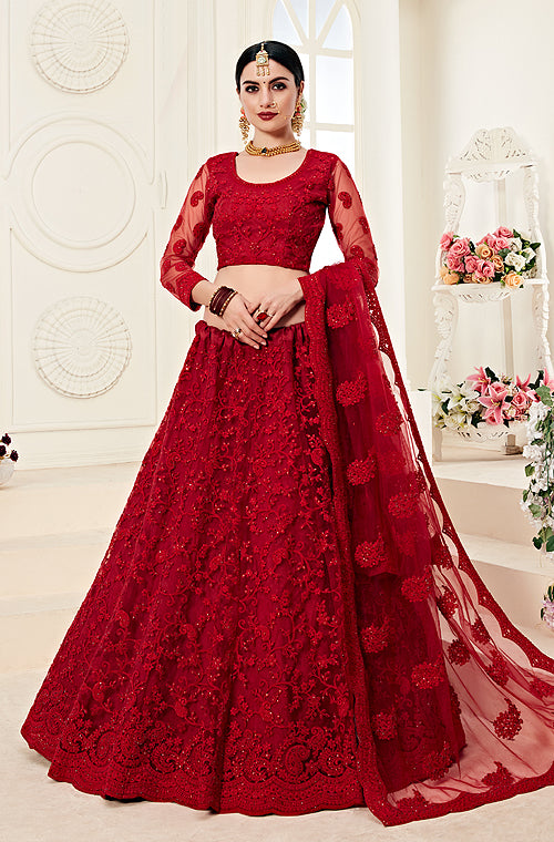 Ruby Red Designer Heavy Embroidered Bridal Lehenga