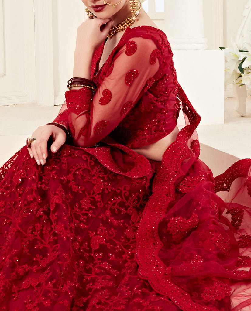 Ruby Red Designer Heavy Embroidered Bridal Lehenga-Saira's Boutique
