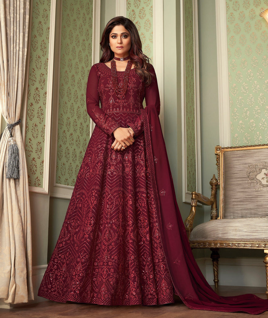 Faux Georgette Embroidered Maroon Floor Length Anarkali Salwar Suit -